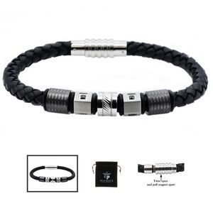 Men’s Black Leather And Stainless Steel With Black Cubic Zirconia BLACKJACK